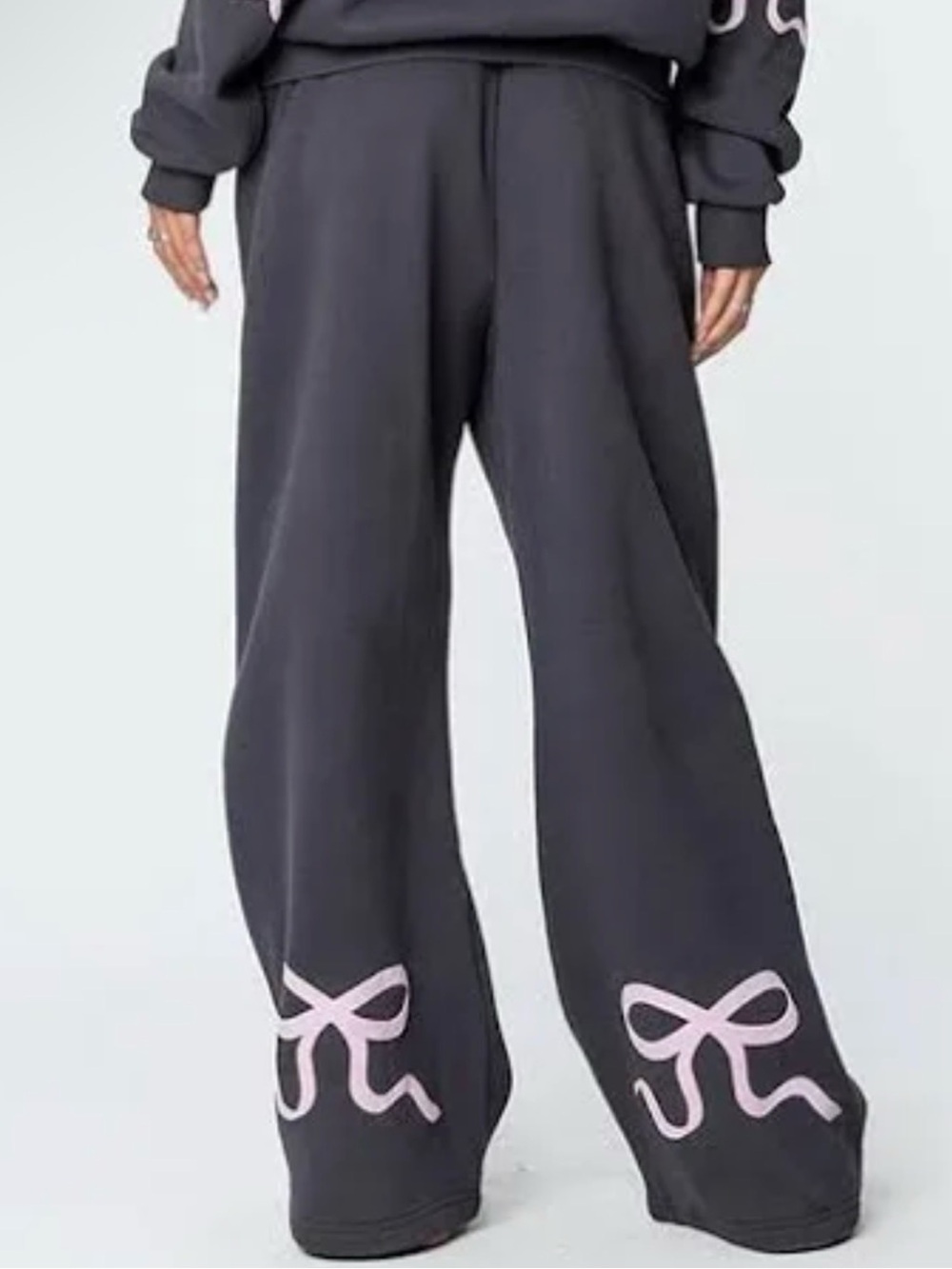 Edikted Bonney Bow Detail Wide Leg Sweatpants - Dark Gray / Pink (Size XS)